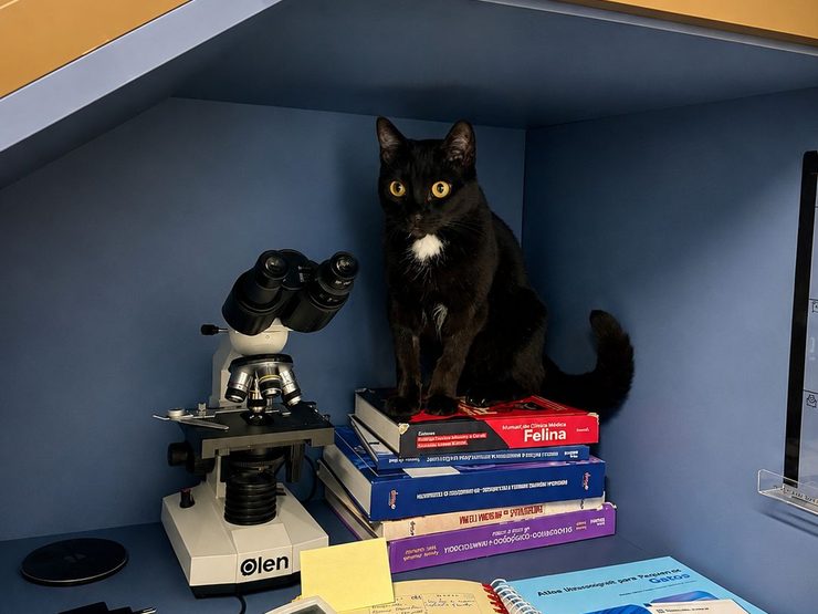 Microscópio, caderno de anotações de caso e livros de clínica médica felina na bancada da Doctor Cat