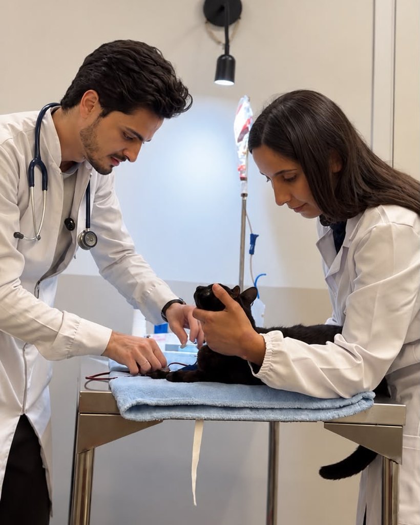 Dr. Francisco Marcelino e uma veterinária da equipe atendendo um gato na mesa de exame da Doctor Cat, em Varginha